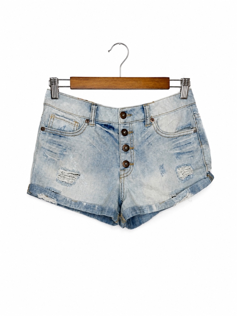 Forever 21 Premium Denim Distressed Button Fly Jean Shorts Light Wash Blue  26